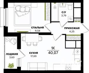 1-к квартира, строящийся дом, 41м2, 22/25 этаж