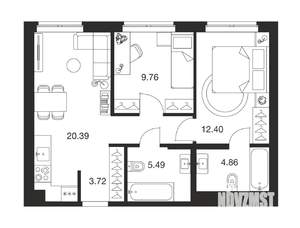 2-к квартира, вторичка, 57м2, 1/25 этаж