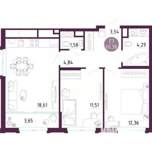 2-к квартира, вторичка, 60м2, 10/10 этаж