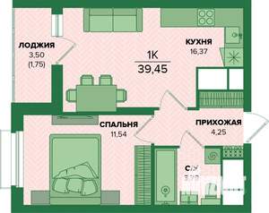 1-к квартира, вторичка, 39м2, 17/25 этаж