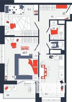 3-к квартира, вторичка, 61м2, 14/14 этаж