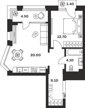 1-к квартира, вторичка, 52м2, 8/24 этаж