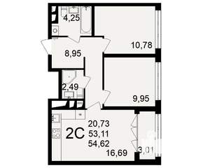2-к квартира, строящийся дом, 53м2, 7/18 этаж