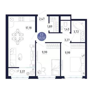 2-к квартира, строящийся дом, 53м2, 3/25 этаж