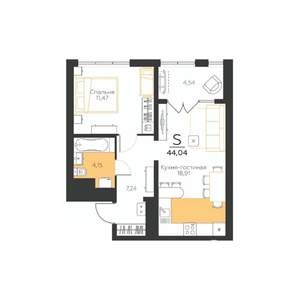 1-к квартира, вторичка, 44м2, 1/5 этаж