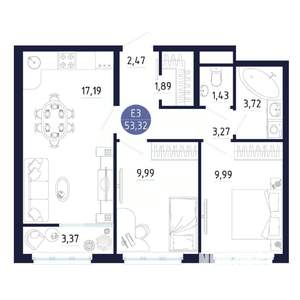 2-к квартира, строящийся дом, 53м2, 2/25 этаж