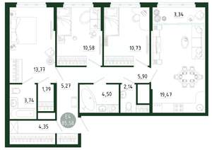 3-к квартира, строящийся дом, 86м2, 22/25 этаж
