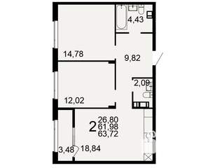 2-к квартира, вторичка, 64м2, 9/10 этаж