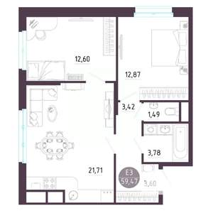 2-к квартира, строящийся дом, 59м2, 5/10 этаж