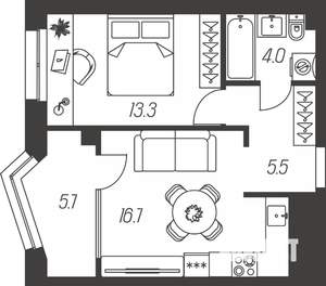1-к квартира, строящийся дом, 45м2, 14/24 этаж