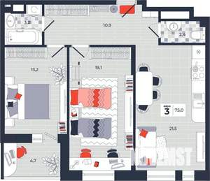 3-к квартира, строящийся дом, 75м2, 5/14 этаж