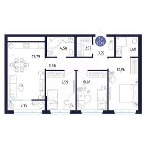 3-к квартира, строящийся дом, 74м2, 2/25 этаж