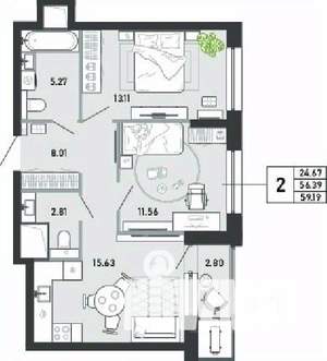 2-к квартира, вторичка, 59м2, 14/21 этаж