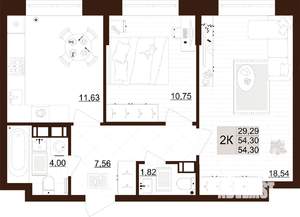 2-к квартира, строящийся дом, 54м2, 6/12 этаж