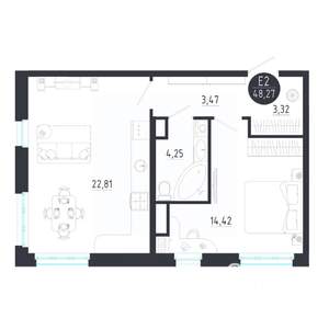 1-к квартира, строящийся дом, 48м2, 3/8 этаж