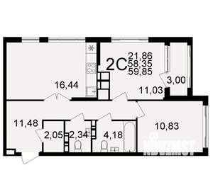2-к квартира, вторичка, 58м2, 13/20 этаж