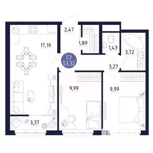 2-к квартира, строящийся дом, 53м2, 12/25 этаж
