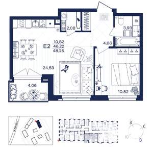 1-к квартира, строящийся дом, 48м2, 2/15 этаж