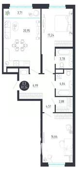 2-к квартира, строящийся дом, 81м2, 2/8 этаж