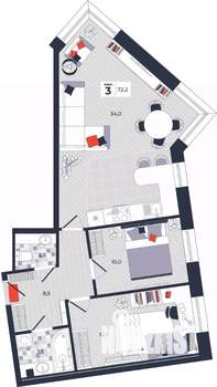 3-к квартира, вторичка, 72м2, 4/14 этаж