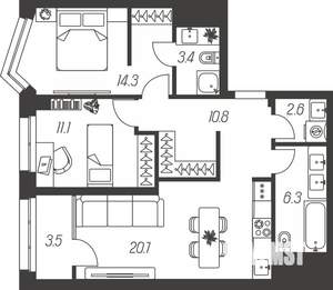 3-к квартира, строящийся дом, 73м2, 17/24 этаж