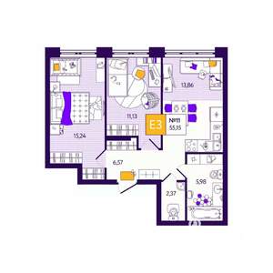 2-к квартира, вторичка, 55м2, 1/12 этаж