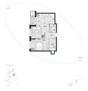 1-к квартира, вторичка, 59м2, 15/21 этаж