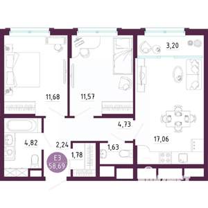 2-к квартира, вторичка, 59м2, 5/10 этаж