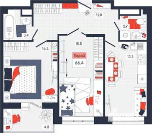 3-к квартира, строящийся дом, 66м2, 13/14 этаж