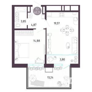 1-к квартира, строящийся дом, 60м2, 1/10 этаж