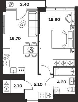 1-к квартира, вторичка, 46м2, 4/9 этаж