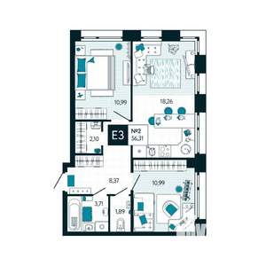 2-к квартира, вторичка, 56м2, 1/15 этаж