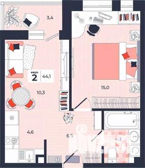 2-к квартира, строящийся дом, 44м2, 2/14 этаж