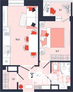 2-к квартира, строящийся дом, 41м2, 9/14 этаж