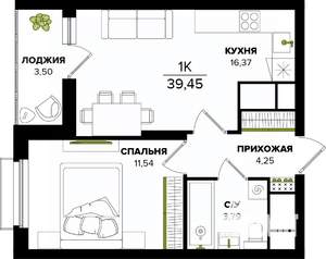 1-к квартира, строящийся дом, 39м2, 20/25 этаж
