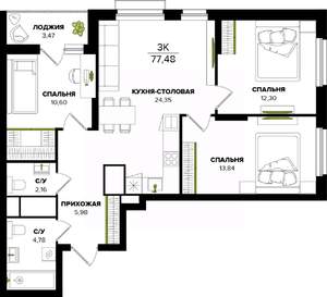 3-к квартира, вторичка, 77м2, 2/25 этаж