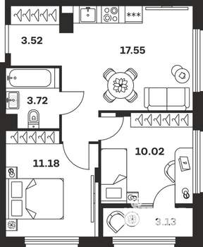 2-к квартира, вторичка, 49м2, 6/9 этаж