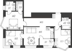 3-к квартира, строящийся дом, 84м2, 17/24 этаж