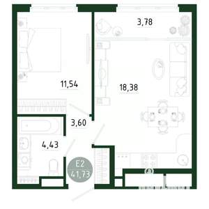 1-к квартира, строящийся дом, 42м2, 16/25 этаж