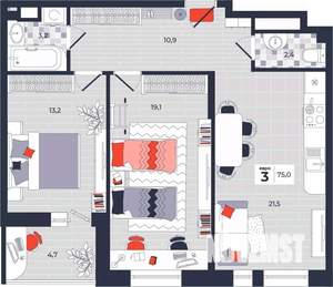 3-к квартира, строящийся дом, 75м2, 13/14 этаж