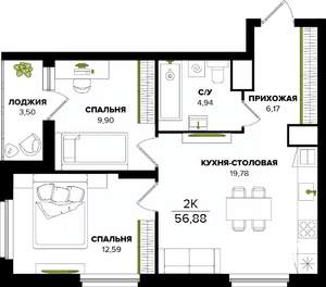 2-к квартира, вторичка, 57м2, 12/25 этаж