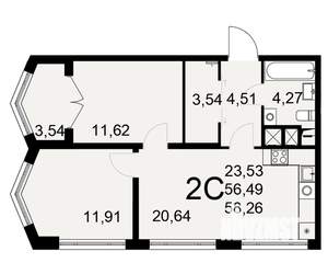 2-к квартира, вторичка, 58м2, 2/25 этаж