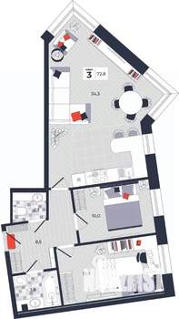 3-к квартира, строящийся дом, 73м2, 2/14 этаж