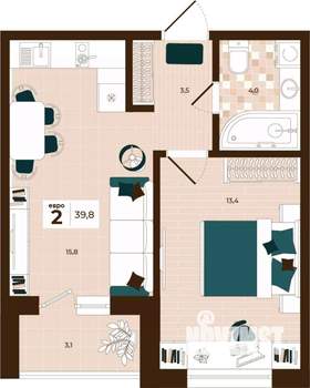 2-к квартира, строящийся дом, 40м2, 13/14 этаж