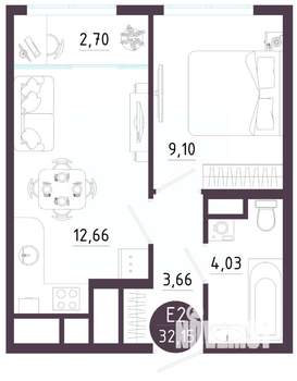 1-к квартира, вторичка, 32м2, 2/10 этаж
