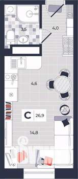 Студия квартира, строящийся дом, 27м2, 13/14 этаж