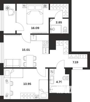 2-к квартира, вторичка, 60м2, 15/25 этаж