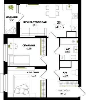 2-к квартира, вторичка, 60м2, 2/25 этаж