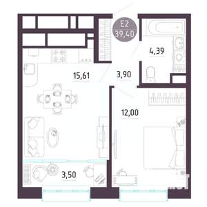 1-к квартира, строящийся дом, 39м2, 2/10 этаж