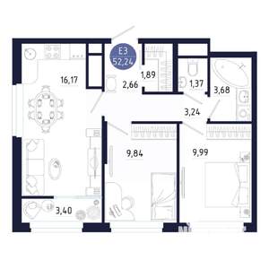 2-к квартира, вторичка, 52м2, 2/25 этаж